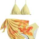 SEGT Girl's 3 Piece Striped Bikini Swimwear Cute Swimsuits Bathing Suit High Waisted with Cover Up Beach Skirt (Lily Floral)