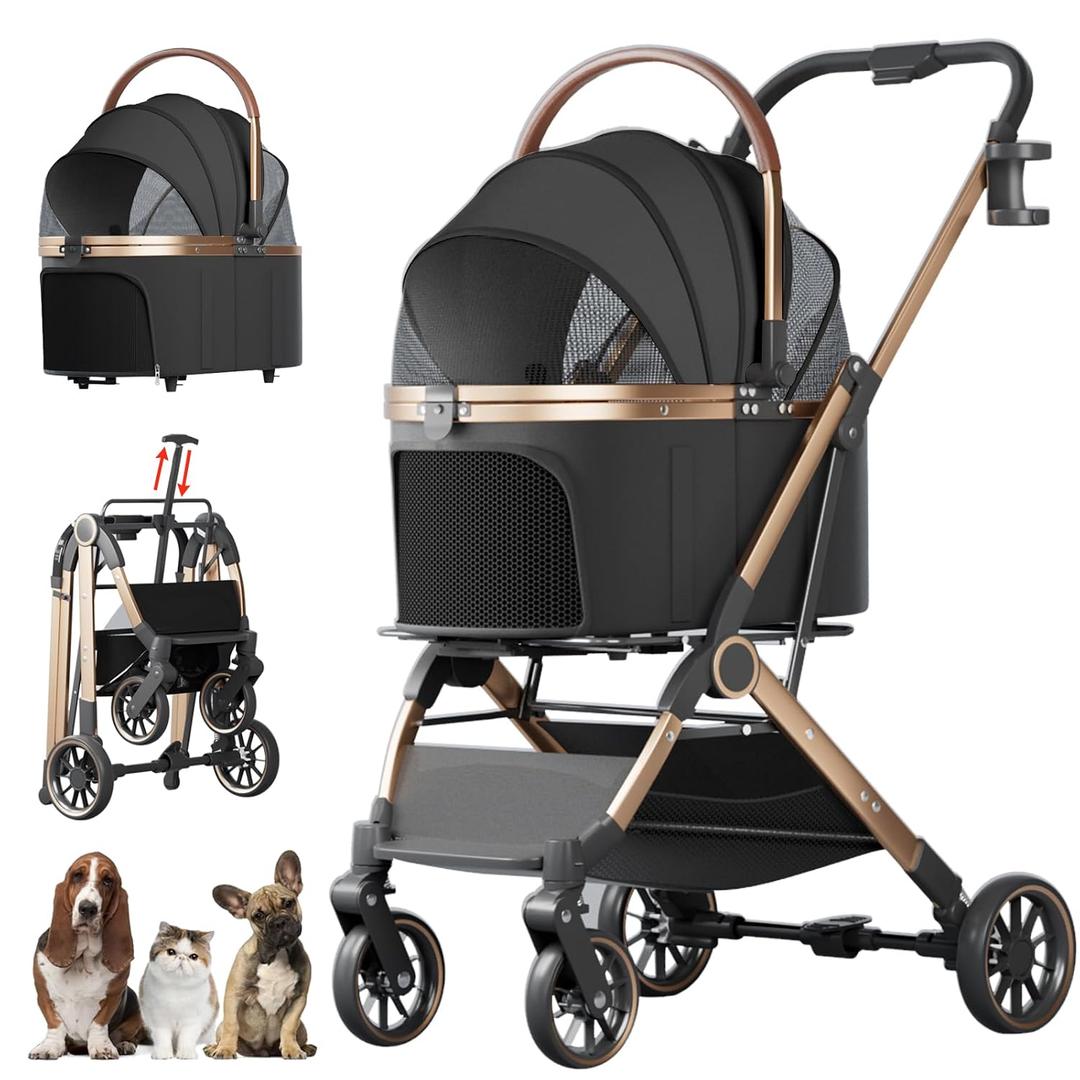 4 Wheels Pet Stroller for Small Medium Dogs Cats Up to 45 lbs Folding Dog Stroller with Detachable Breathable Carrier Suitable for Car Seat, Hand Carry & Travel, All Terrain, 3 in 1 Multifunctional
