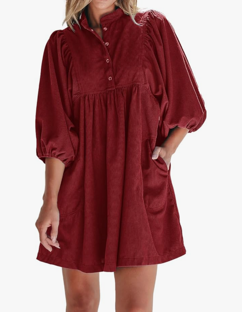Opemiby Womens Casual Dresses Corduroy Button Up Empire Waist 3/4 Sleeve Fall Winter Mini Babydoll Dress, Large