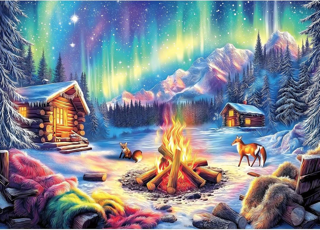Blueforest 1000 Piece Jigsaw Puzzles for Adults, Northern Lights & Cozy Cabin Winter Bonfire - Challenging Puzzle with Aurora, Wildlife & Hygge Gift-Ready Art (27.5"x19.7")