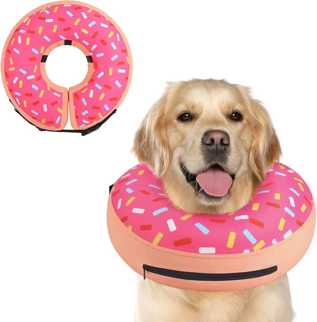 Supet Inflatable Dog Cone Collar Alternative After Surgery, Doggie Neck Donut Collar Recovery ECollar, Soft Dog Cone for Dogs Donut Pink, L-(Neck 11"-14")
