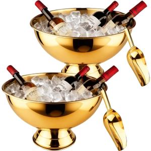Large Ice Bucket 13L Stainless Steel Champagne Bowl Ice Bucket with Ice Scoop Semicircle Drink Tub with Integrated Base Silver Beverage Tub for Parties, Cocktail Bar, Chilling Wine (2 Packs-Gold) (EXP 09/16/33)
