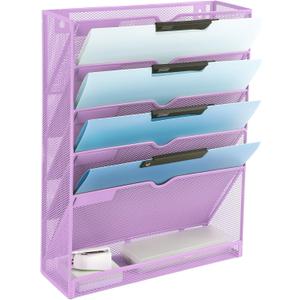 EASEPRES 6 Tier Mesh Hanging Wall File Organizer, Desk Vertical Mail Paper Document Folder Holder Rack with Bottom Tray and Nametag Label for Office Home School, Light Purple