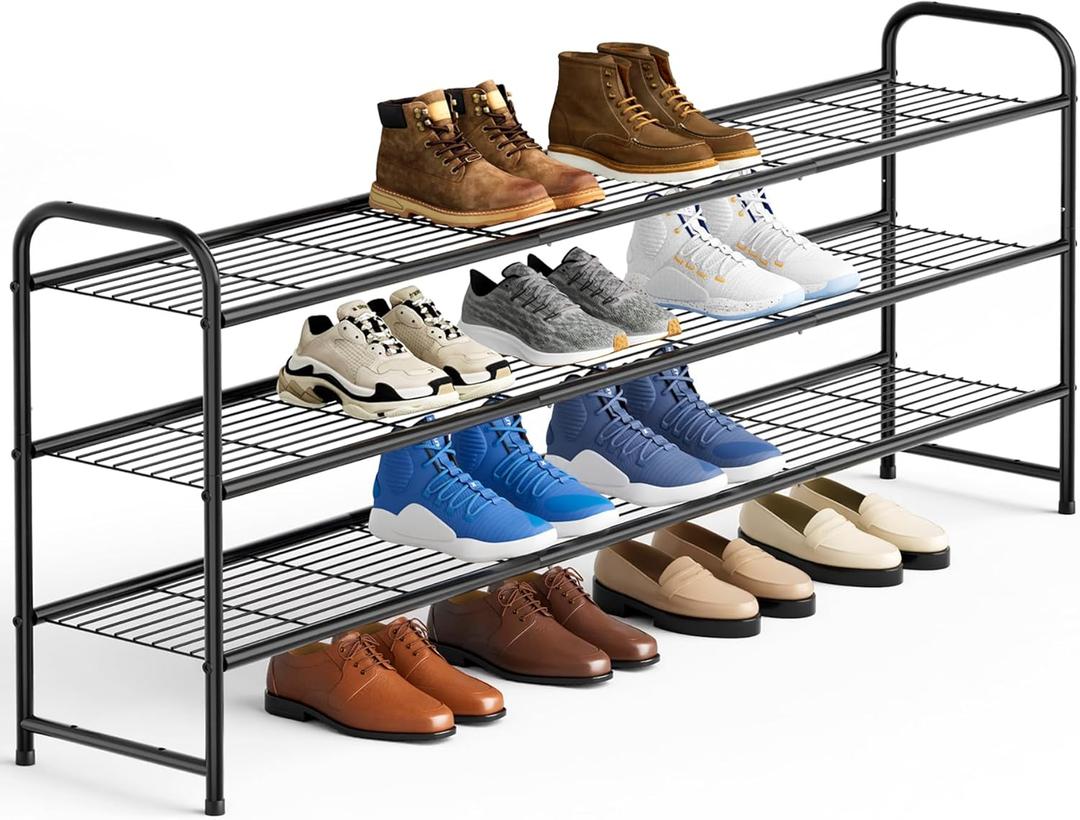 KEETDY 3-Tier Long Shoe Rack for Closet Metal Shoe Organizer for Entryway, Wide Stackable Shoe Storage Shelf with Sturdy Wire Grid for Closet Floor, Bedroom, Black (11.4x43x24.4)