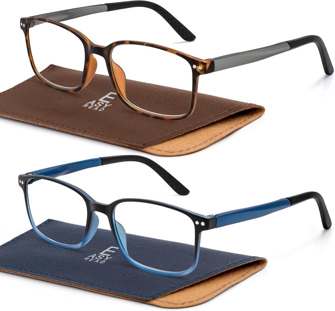 EASY READ 2 Pairs Sporty Style Reading Glasses for MenRectangular TR90 Blue Light Blocking Readers with Spring Hinge (Tortoise/Gradient Blue)