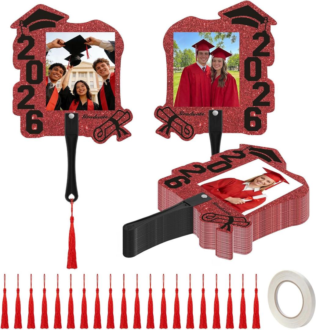 LawnIdyll 36 PCS Custom Graduation Fan Photo Frames with Handle, Plastic Class of 2026 Photo Props with Tassel, Double Sided Sparkle Grad Party Frames for Grad Events, School Ceremony (Black & Red)