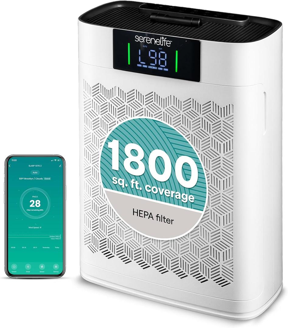 SereneLife HEPA Air Purifier for Home  Smart WiFi & App Control, Ultra-Quiet Air Purifier for Bedrooms & Large Rooms, Removes Dust, Pet Hair & Odors, Ideal for Pets & Allergies (1,800 Sq Ft, White)