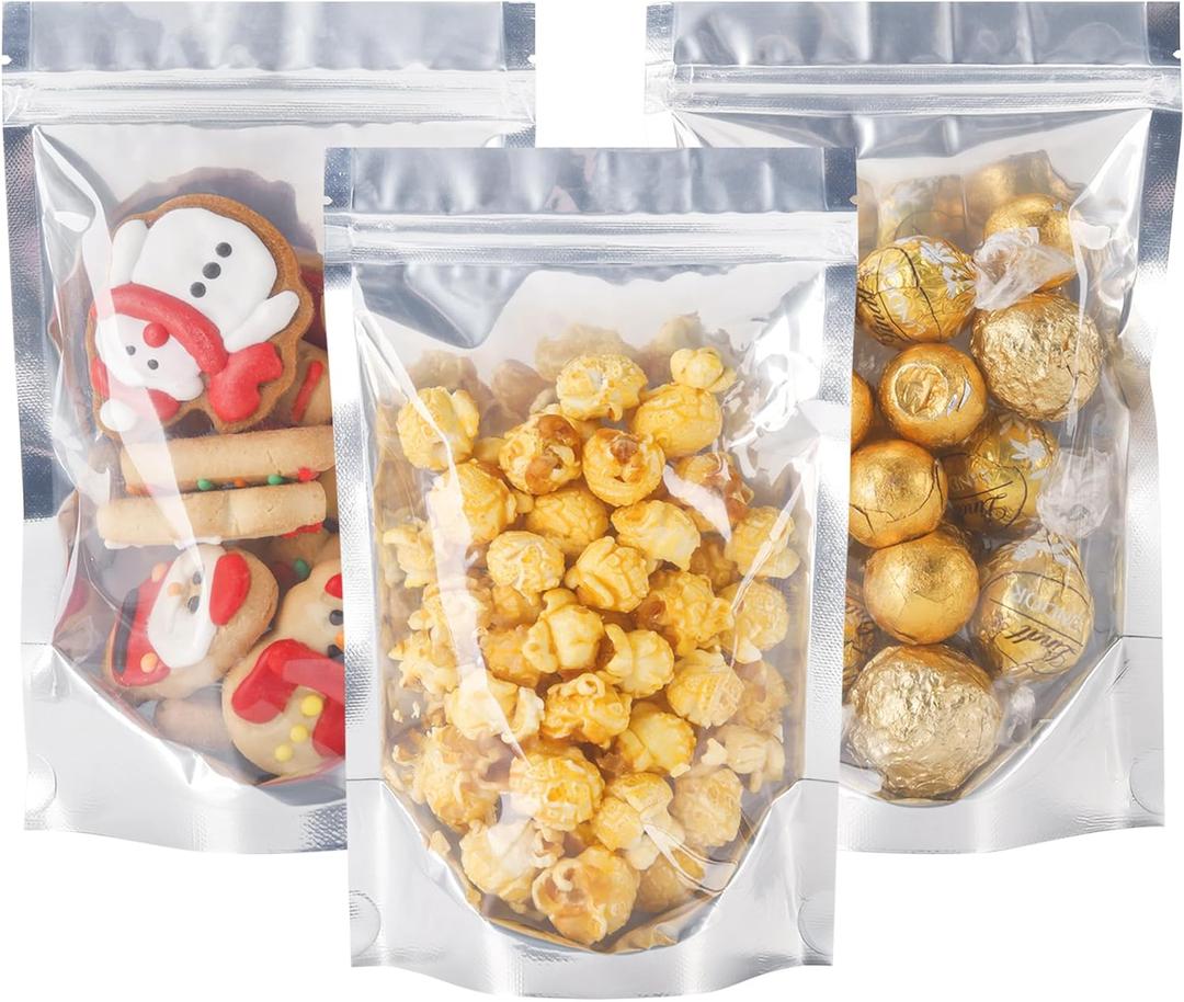 100 PACK Mylar Bags for Food Storage and Resealable for Small Business Packaging Supplies Great for Party Favor Food Storage (Silver, 5x8 Inches) (Silver)