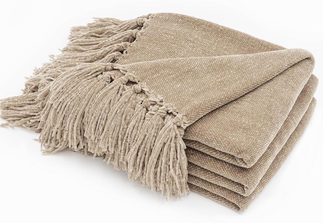 EVERGRACE Soft Chenille Throw Blanket for Couch, Cozy Plush Fuzzy Decorative Chenille Knit Throw Blanket with Tassels, Lightweight Blanket and Throws for Bed Sofa Gift Home Decor, Beige 50"x60"