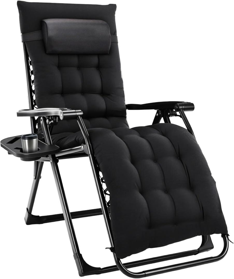 Simple Deluxe Zero Gravity Chair, Premium Outdoor Lawn Folding Lounge Recliner with Removable Pad & Headrest & Side Cup Holder Tray for Indoor and Outdoor, Black