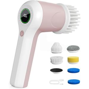 PUFTEM Electric Spin Scrubber, Cordless Shower Scrubber with Battery Level Display, 2 Speeds Electric Scrubber for Cleaning with 6 Replaceable Heads, Cleaning Brush for Bathroom/Sink/Window (Pink)