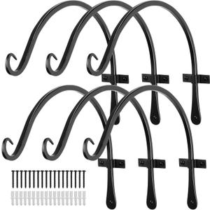 Worth Garden 6-Pack 14" Plant Hanger Bracket - Hand-Forged Wrought Iron Powder-Coated Heavy Duty Wall Hooks - Black Curved Plant Hanging Hooks for Bird Feeders, Flower Baskets, Indoor & Outdoor Use