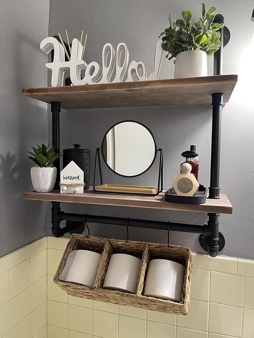 ROGMARS Industrial Pipe Shelf Floating Shelves Bathroom Pipe Shelving Farmhouse Bathroom Shelves with Towel Bar Towel Rack Over Toilet Industrial Shelf Rustic Wall Wood Shelves 19.7 Inch, 20 Inch 2 Tier