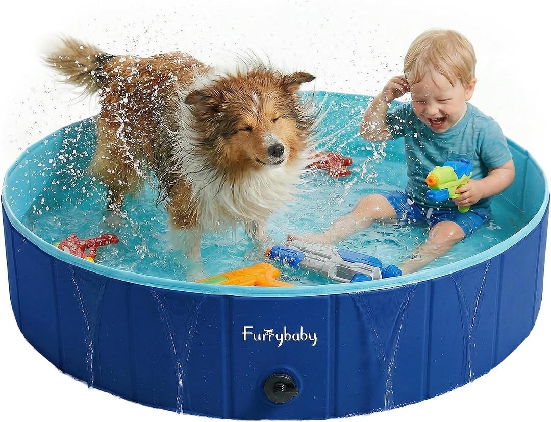 Furrybaby Dog Pool, Kiddie Pool with Hard Plastic Foldable Dog Bath Tub Portable for Dogs, Kids and Pet Swimming (Navy 39'') Indoor and Outdoor