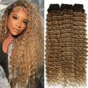 Ombre Deep Wave Bundles Human Hair T4/27# Brown to Honey Blonde Color Deep Curly Human Hair Bundles for Women Wet and Wavy Bundle (22 22 22 Inches)