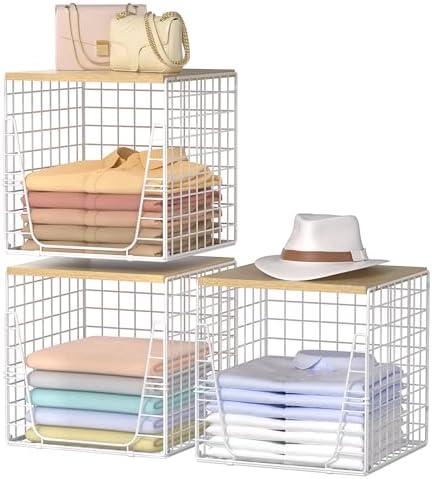 SWTYMIKI 3PCS Closet Organizers and Storage - Stackable Closet Basket with Wood Top Shelf, Clothes Storage Shelves, Clothes Drawer Bins for Wardrobe, Bedroom, Entryway, White