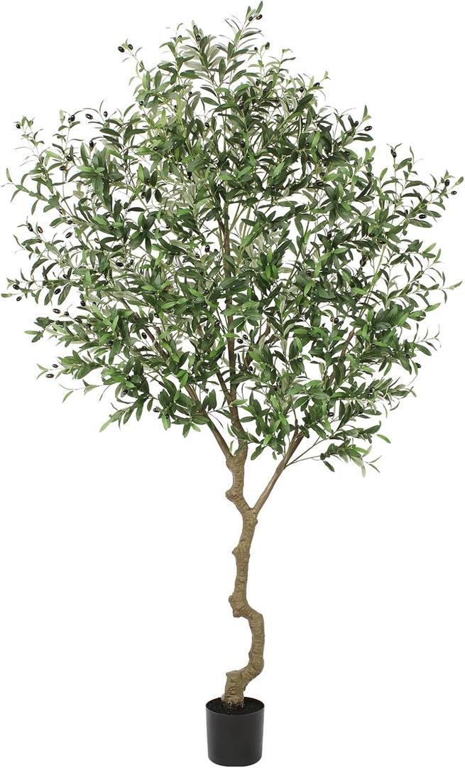 Faux Olive Tree 8ft, Large Realistic Silk Olive Trees Artificial Indoor with Natural Wood Trunk & Lifelike Fruits, Fake Olive Tree for Home Office Decor Indoor