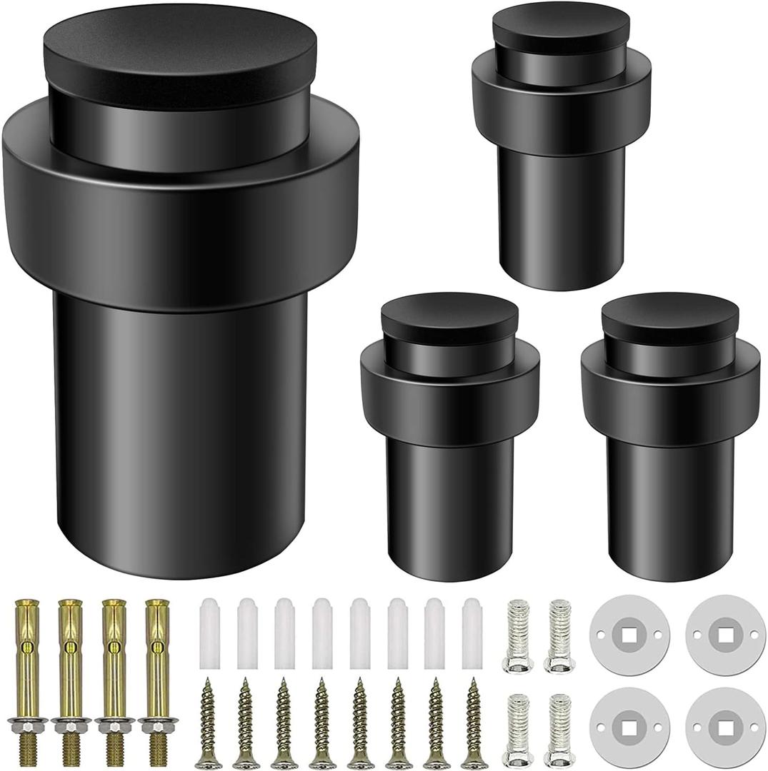 Door Stoppers 2.5 Inch Floor Door Stop Cylindrical Black Doorstop Rubber Bumper Wall Protector, Stainless Steel Heavy Duty Door Stopper for Bottom of Doors, 4 Pack