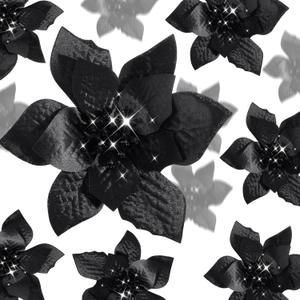 WILLBOND 24 Pcs 3 Size Poinsettia Flower Artificial Christmas Decor Glitter Poinsettia Christmas Ornaments Faux Flowers for Xmas Tree Outdoor(4/6/7.9 Inches, Black)