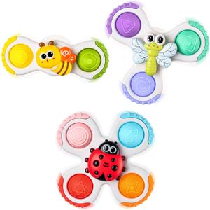 ALASOU 3PCS Pop Suction Cup Spinner Sensory Airplane Travel Toys for 1 Year Old Boy Girl Infant Toddlers|Novelty Spinning Tops 12 18 Months|1 2 Year Old Boy Birthday Gift|Baby Bath Toy Kids Ages 1-3