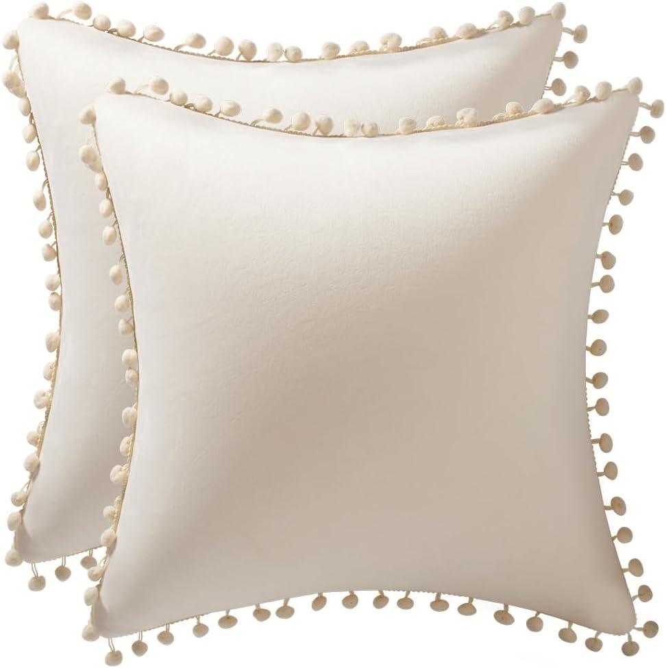 Couch Pillow Covers 16x16 Beige: 2 Pack Cozy Soft Pom-poms Velvet Square Throw Pillow Cases for Farmhouse Home Decor
