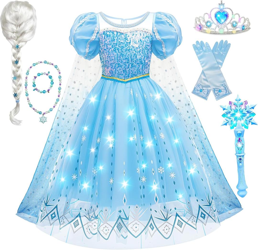 G.C Girls Light Up Princess Dress Up Costume with Cape Kids Toddler Wig Crown Wand Toys Outfit Halloween Cosplay Gifts (120 4-5 years)