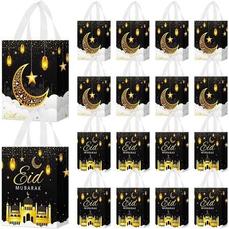 Locmeo 24 Pcs Eid Mubarak Reusable Gift Bags with Handles Non Woven Al Fitr Muslim Treat Bags Multifunctional Ramadan Mubarak Gift Bags for Party Supplies Gifts Wrapping