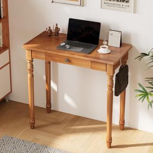 32 Inch Mid Century Modern Desk - Rubber Wood Desk with Drawers, Vintage Narrow Desks with 2 Hooks, Small Writing Desks for Small Spaces, Bedroom, Living Room & Office, Walnut Color, 31.5 in W x 15.7 in D