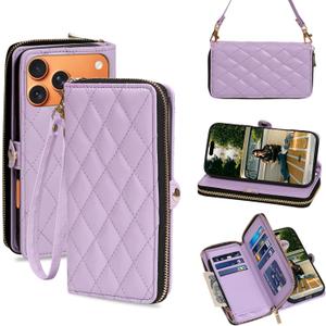 Rssviss Crossbody Case for iPhone 17 Pro Max Case Wallet, RFID Blocking Leather with Card Holder Kickstand, Handbag Zipper Flip Cover with Wrist Strap for iPhone 17 Pro Max Men Women 6.9", Purple