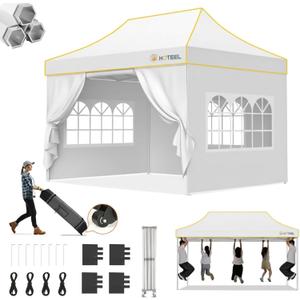 Hoteel Gazebo, 3 x 4.5 cm, Waterproof, Stable, Winterproof, Reinforced Folding Gazebo with Hexagonal Tube Frame, Anti-UV Party Tent, Foldable Garden Gazebo for Markets, Carry Bag with Wheels, 4 Sand