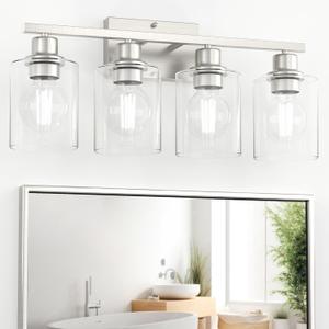 Bathroom Lighting Fixtures Over Mirror Brushed Nickel, 24Inches Vanity Lights for Bathroom, Modern 4-Light Wall Sconces E26 Base, Transparent Clear Glass Shades, Bulbs Not Included