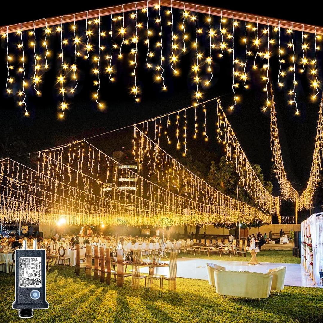 132ft Icicle Lights for Outside - 1280 LED Warm White Twinkle Lights with 240 Drops, 8 Modes Plug-in Waterproof Timer Memory. Cannot be extended. The Plug is in the Middle (66ft+66ft)