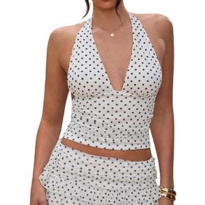 Women Y2k Sexy Polka Dot V Neck Mesh Halter Crop Tops Cute Off Shoulder Sleeveless Tie Up Ruched Tank Going Out (Medium, White)