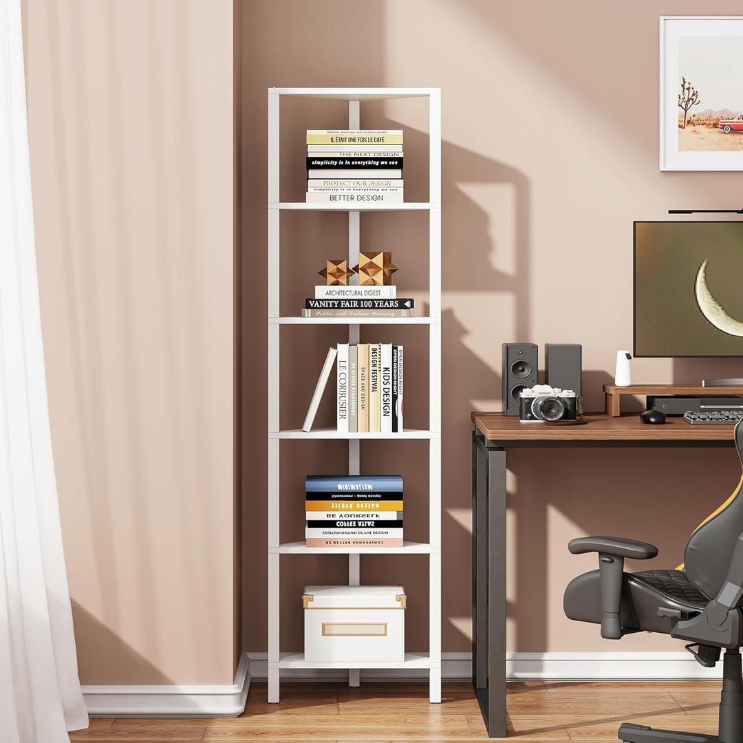 TUTOTAK 6-Tier Corner Bookshelf,Corner Shelf for Small Space, Narrow Display Corner Shelf Stand with Storage Rack, for Living Room, Bedroom, White BS05BW006