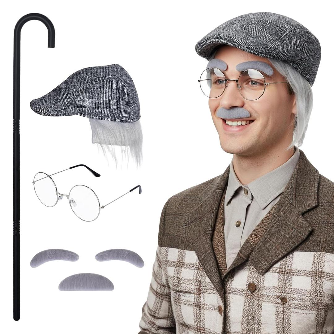 Fengek 5-Piece Grandpa Costume Set - Old Man Wig Hat, Cane, Beard, Eyebrows, Glasses - Perfect for 100 Days of School, Halloween, Christmas