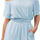 Fixmatti Womens Off The Shoulder Romper Short Sleeve Smocked Waist Mini Jumpsuit with pockets (S)