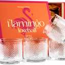 Vintage Flamingo Lowball Cocktail Glasses for Drinking Gin, Rum, Vodka, Whiskey Bar Drinks | Set of 4 | 11 oz Stackable Thick Crystal Short Tumblers | Tropical Glassware Collection