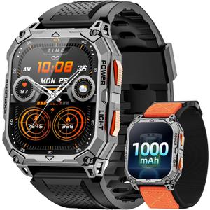 Military Smart Watches for Men (2 Straps), 2.01" HD Smartwatch with 1000 mAh Battery, Answer/Make Call, Led Flashlight, Heart Rate/Sleep Monitor, 100+ Sport Modes Fitness Tracker for Android/iPhone (Black)