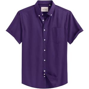 Alimens & Gentle Men's Short Sleeve Oxford Shirt Regular Fit Button Down Collar Shirts with Pocket (Large, Dark Purple)