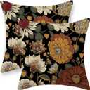Spring Summer Pillow Covers 18x18 Inch Set of 2, Vintage Boho Floral Throw Pillows Botanical Tropical Leaves Pillowcase Bohemian Outdoor Decorative Linen Black Cushion Case for Couch Home Decor