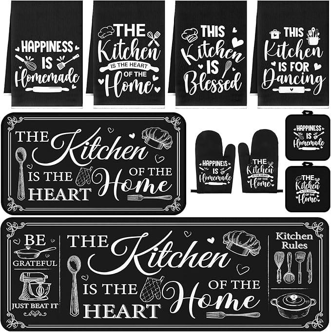 Fourluoo 10 Pcs Farmhouse Kitchen Decor Sets 4 Kitchen Dish Towels 2 Vintage Pot Holders 2 Oven Mitts Glove 2 Rustic Non Slip Rugs and Mats for Floor Home Decorations Accessories Mom Gifts