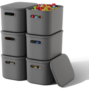 6 Pack Grey Storage Bins with Lids Stackable Storage Container for Organizing, Storage Boxes with Handle for Shelves, Cute Organizer Bins for Craft, Snacks, 9.85x6.9x5.7 inch