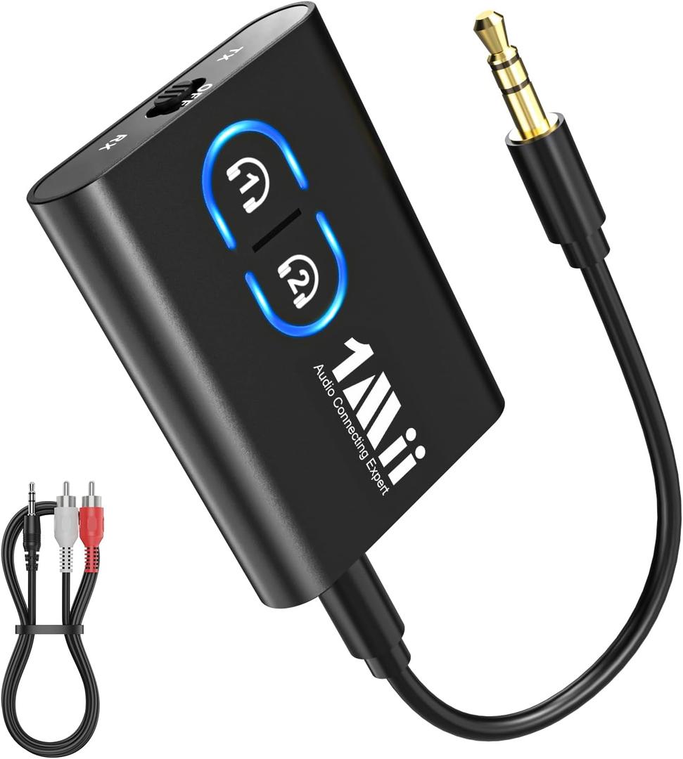 1Mii Bluetooth 5.3 Transmitter Receiver for TV to Wireless Headphones, Dual Link AptX Adaptive/Low Latency/HD Audio, Aux Adapter for Home Stereo, Airplane, Boat, Gym (Black)
