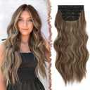 FESHFEN Clip in Hair Extensions - 4 PCS Long Wavy Thick Highlighted Clip in Hairpieces Synthetic Hair Extension for Women, Reddish Brown Mixed Ash Blonde 20 Inch