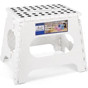 ACKO Folding Step Stool Foldable Step Stools for Kids, 11 Inch Foot Stool Black Plastic Step Stool with Portable Handle Small Stool Hold up to 300lbs for Bathroom, Kitchen White