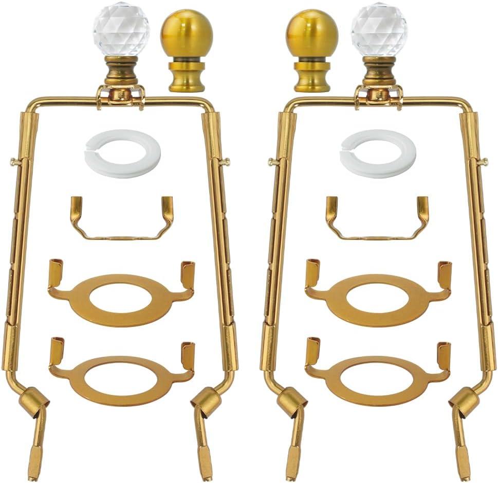8 9 10 11 inch Lamp Shade Harp Holder, 2 Set Antique Gold Adjustable Height Harp Kit with Crystal & Metal Finial, DIY Replacement Repair Lampshade Bracket E14 E26 E27 Base Table Floor Light