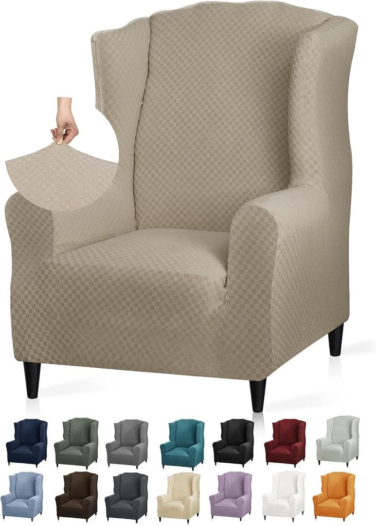 YEMYHOM 1 Piece Stretch Wingback Chair Slipcover Latest Jacquard Design Wing Chair Cover Non Slip Furniture Protector with Foam Rods for Living Room (Wing Chair, Khaki)