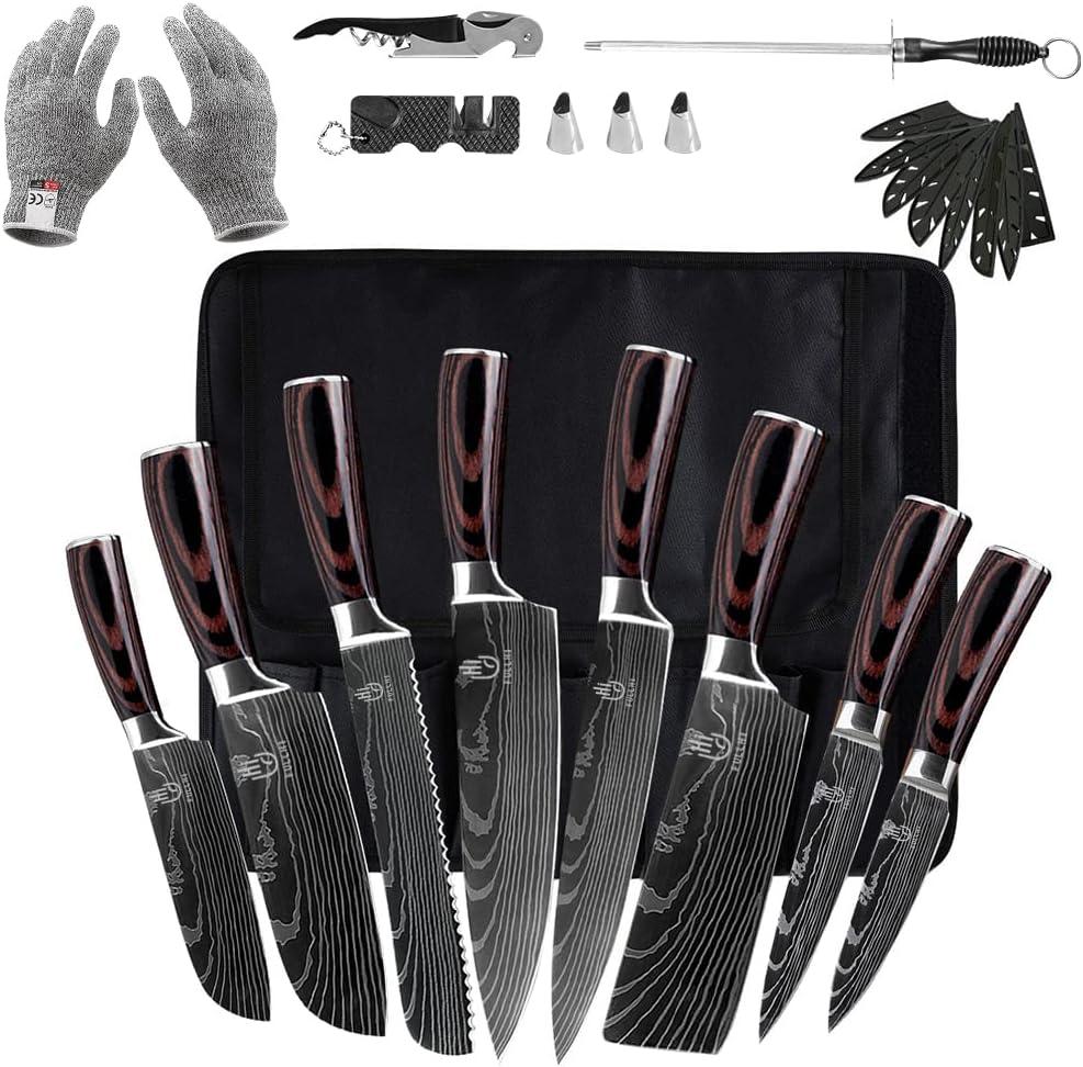 FULLHI Knife Set, 14pcs Japanese Knives Set, Premium German Stainless Steel chef Knife Set (Coffee wood)