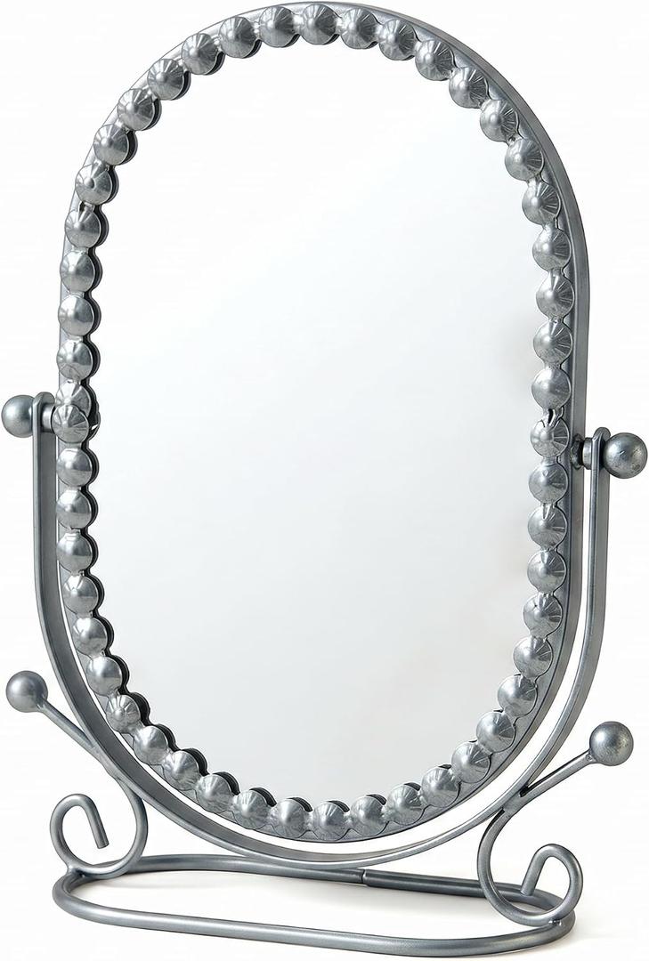 Sliver Vintage Oval Tabletop Mirror - Decorative Floral Metal Frame Vanity Mirror with 360 Adjustable Swivel Stand for Bedroom, Bathroom, Desk, Dressing Table, Retro Style Makeup Mirror