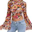 Women's Y2K Floral 70s Top Hippie Shirt Sheer Mesh Tee Shirt Disco Long Bell Sleeve T Shirts Crew Neck Boho Crop Tops (X-Large)